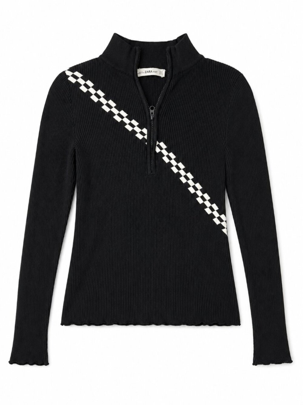 Zara Black Ribbed Half-Zip Sweater with White Checker Stripe
